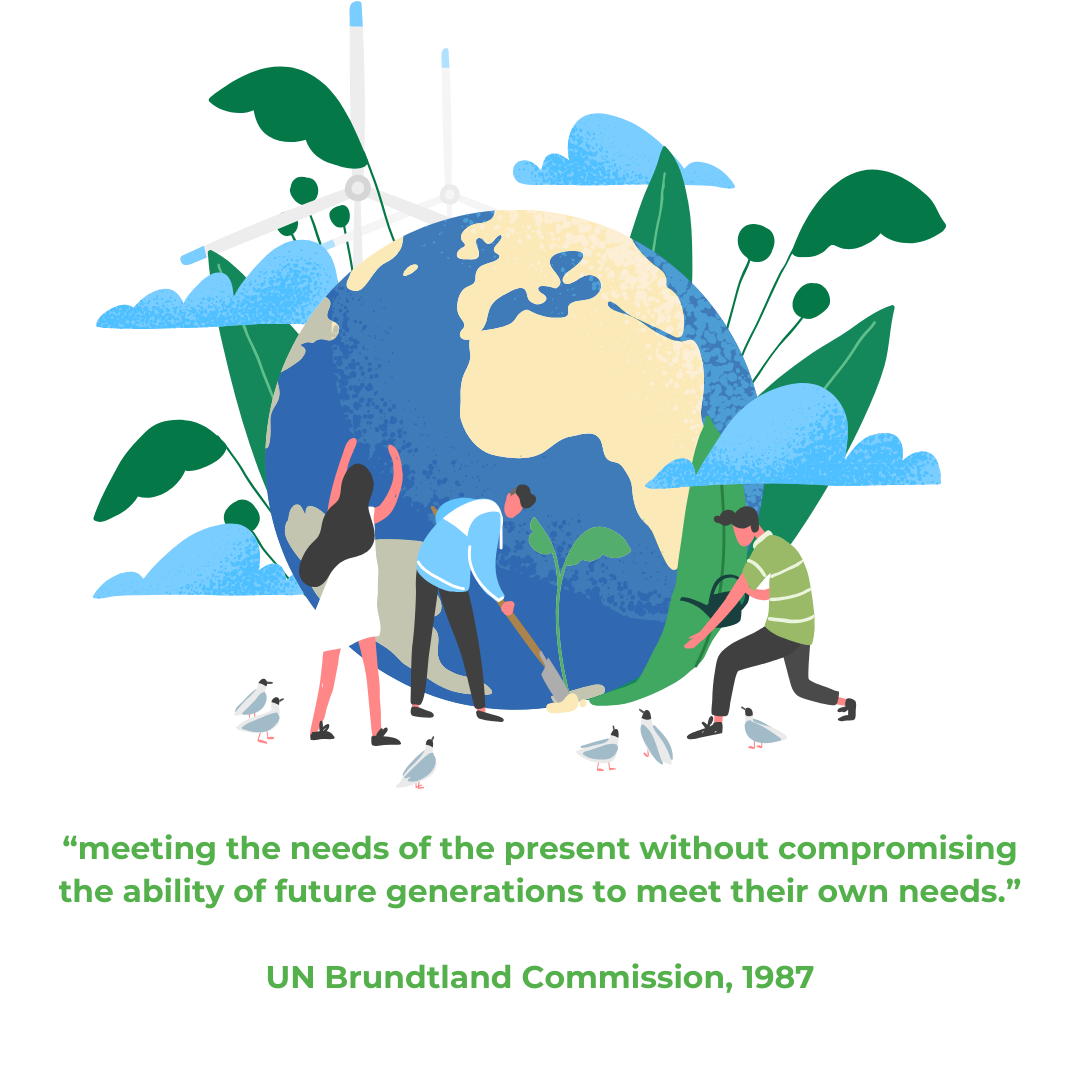 “meeting the needs of the present without compromising the ability of future generations to meet their own needs.” UN Brundtland Commission, 1987-1